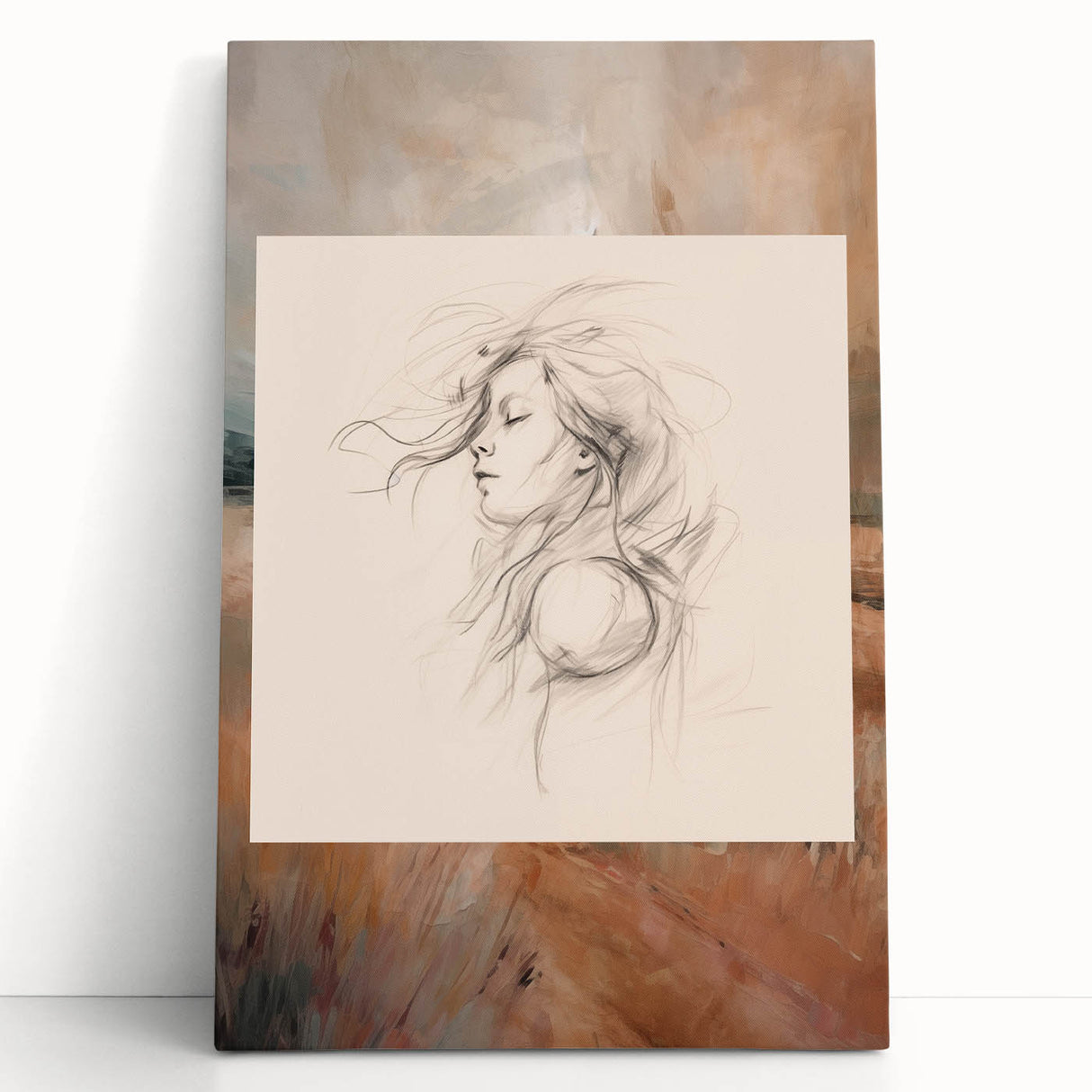 Abstract minimalist wall art collection featuring a stretched canvas design with soft neutral tones, leaning against a white wall, ideal for modern decor.