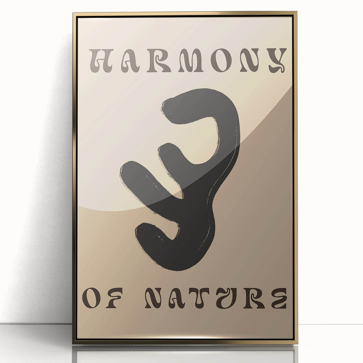 Framed abstract minimalist wall art design featuring gold accents and a sleek acrylic finish, ideal for modern home decor.