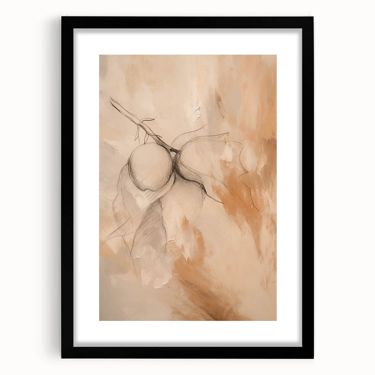 Framed abstract minimalist wall art design in a sleek black frame, showcasing subtle geometric patterns on a warm beige background, perfect for modern decor.