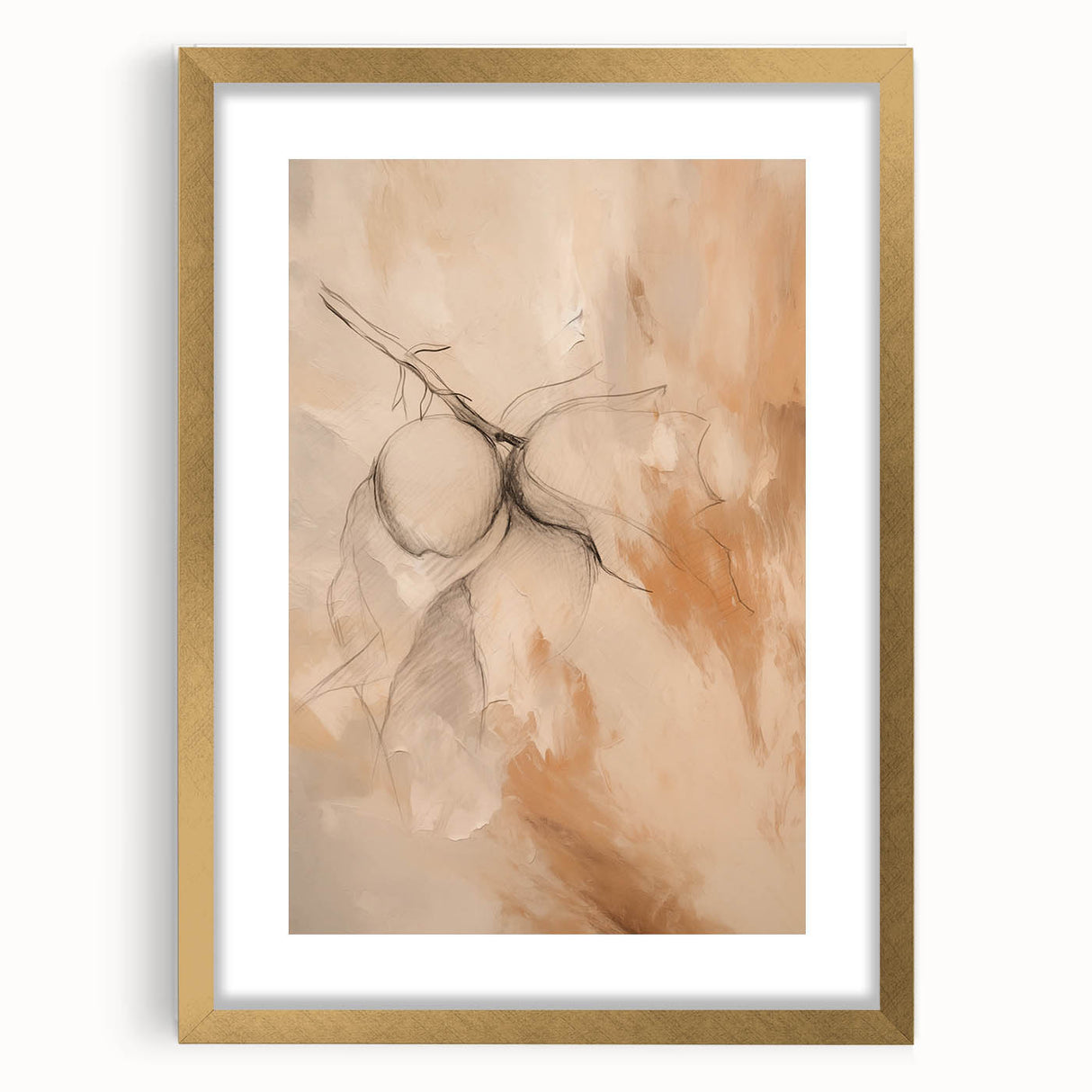 Framed abstract minimalist wall art featuring a gold mat and sleek black frame, showcasing elegant geometric shapes and soft colors, perfect for modern decor.