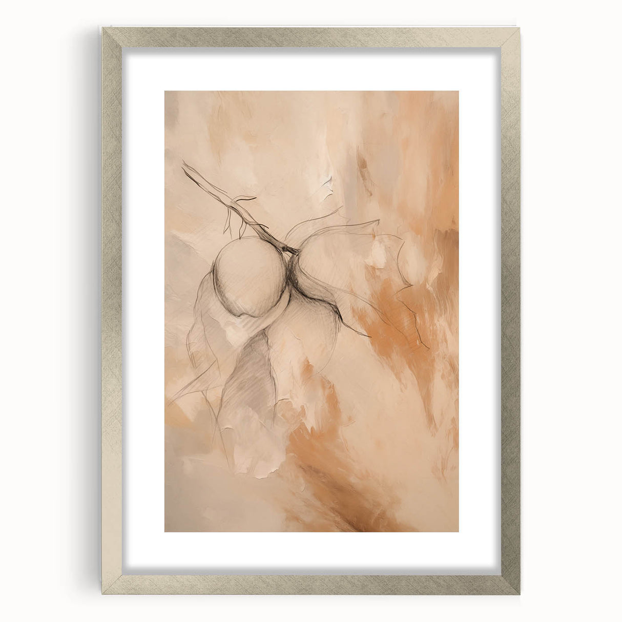 Abstract minimalist wall art collection featuring a sleek silver frame and mat, showcasing geometric design elements for modern decor.
