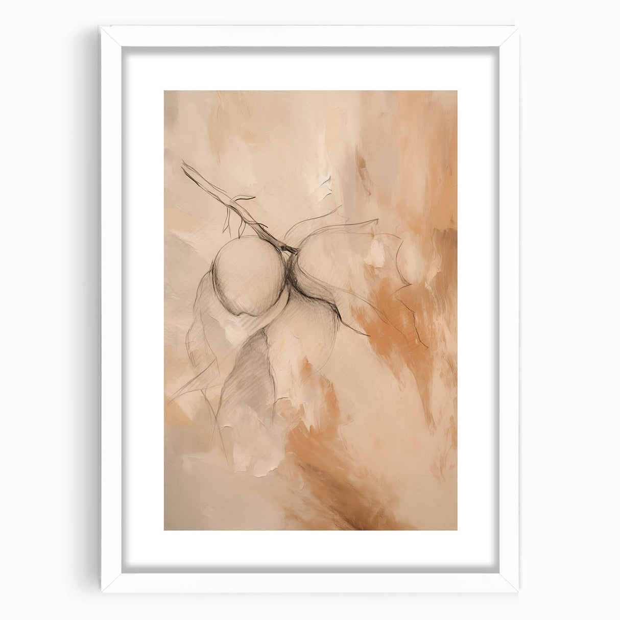 Framed abstract minimalist wall art featuring a geometric design in soft pastel colors, set in a sleek white mat for a modern aesthetic.
