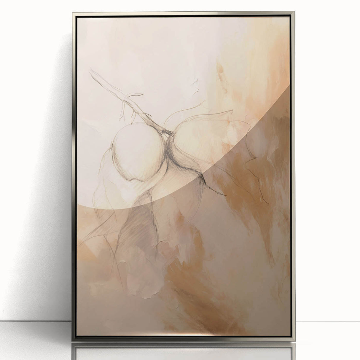 Framed abstract minimalist wall art design featuring a sleek silver acrylic finish, showcasing geometric shapes and subtle hues for contemporary decor.