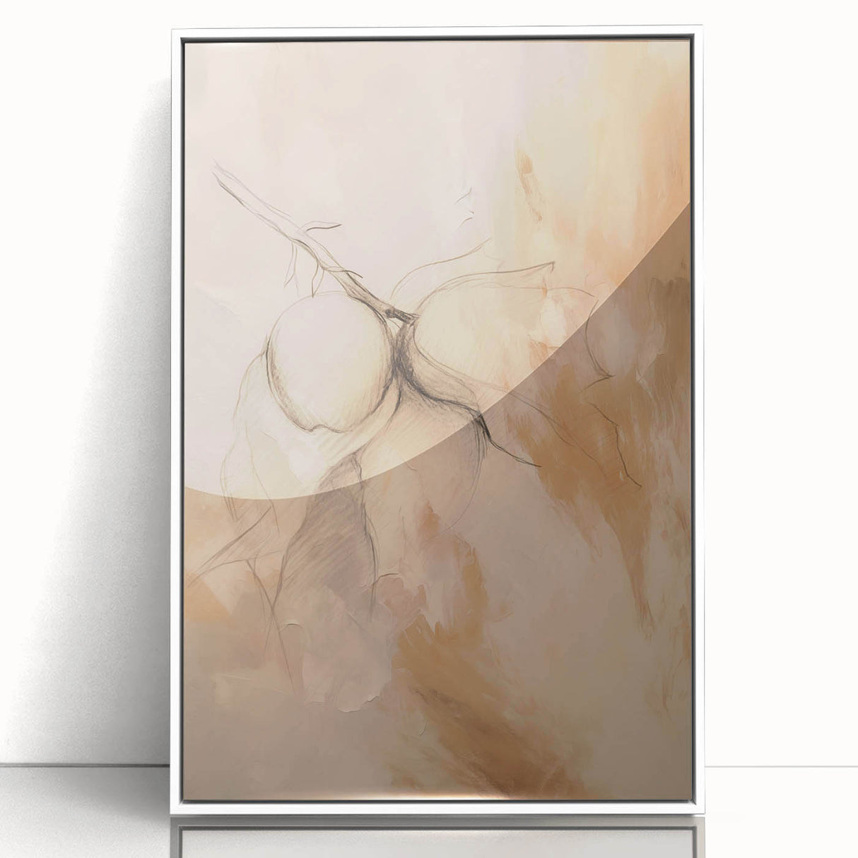 Framed abstract minimalist wall art design with a white frame, showcasing soft pastel colors and geometric shapes for modern decor.