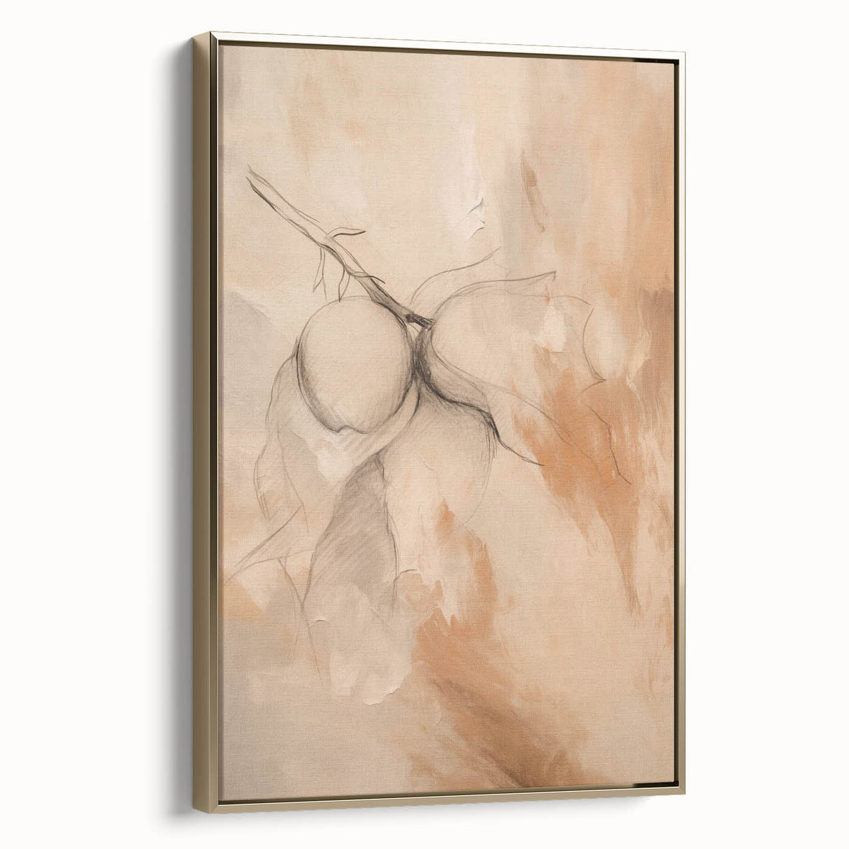 Framed minimalist wall art featuring an abstract gold design on canvas, showcasing a sleek side view against a neutral backdrop.