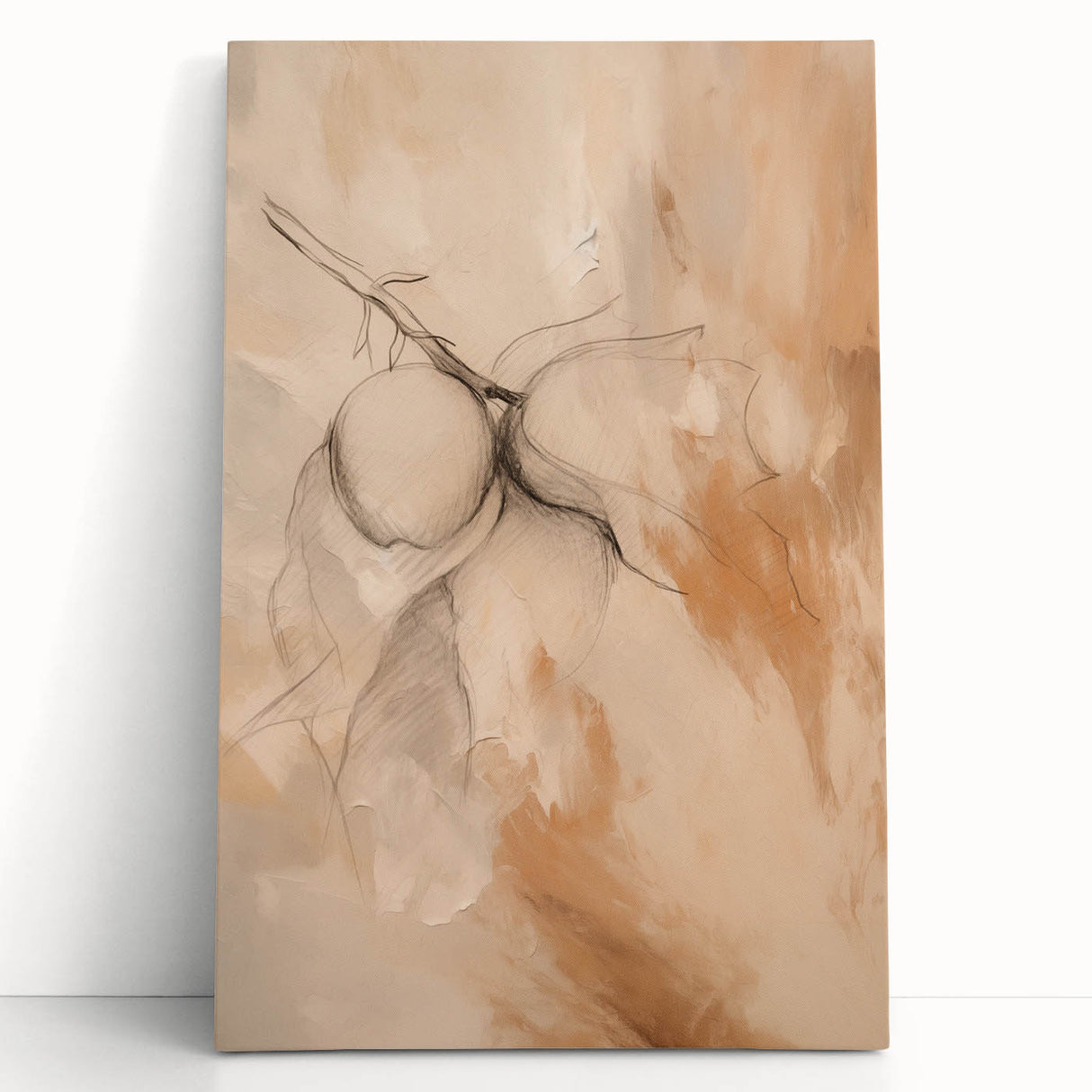 Abstract minimalist wall art collection featuring soft pastel colors on stretched canvas, elegantly leaning against a neutral wall for modern decor.