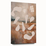 Abstract minimalist wall art collection displayed in a sleek acrylic glass frame, showcasing soft colors and geometric shapes, perfect for modern decor.