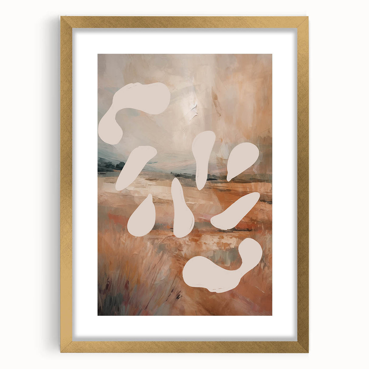 Abstract minimalist wall art collection featuring a gold-framed design with a matted finish, showcasing elegant lines and soft hues.