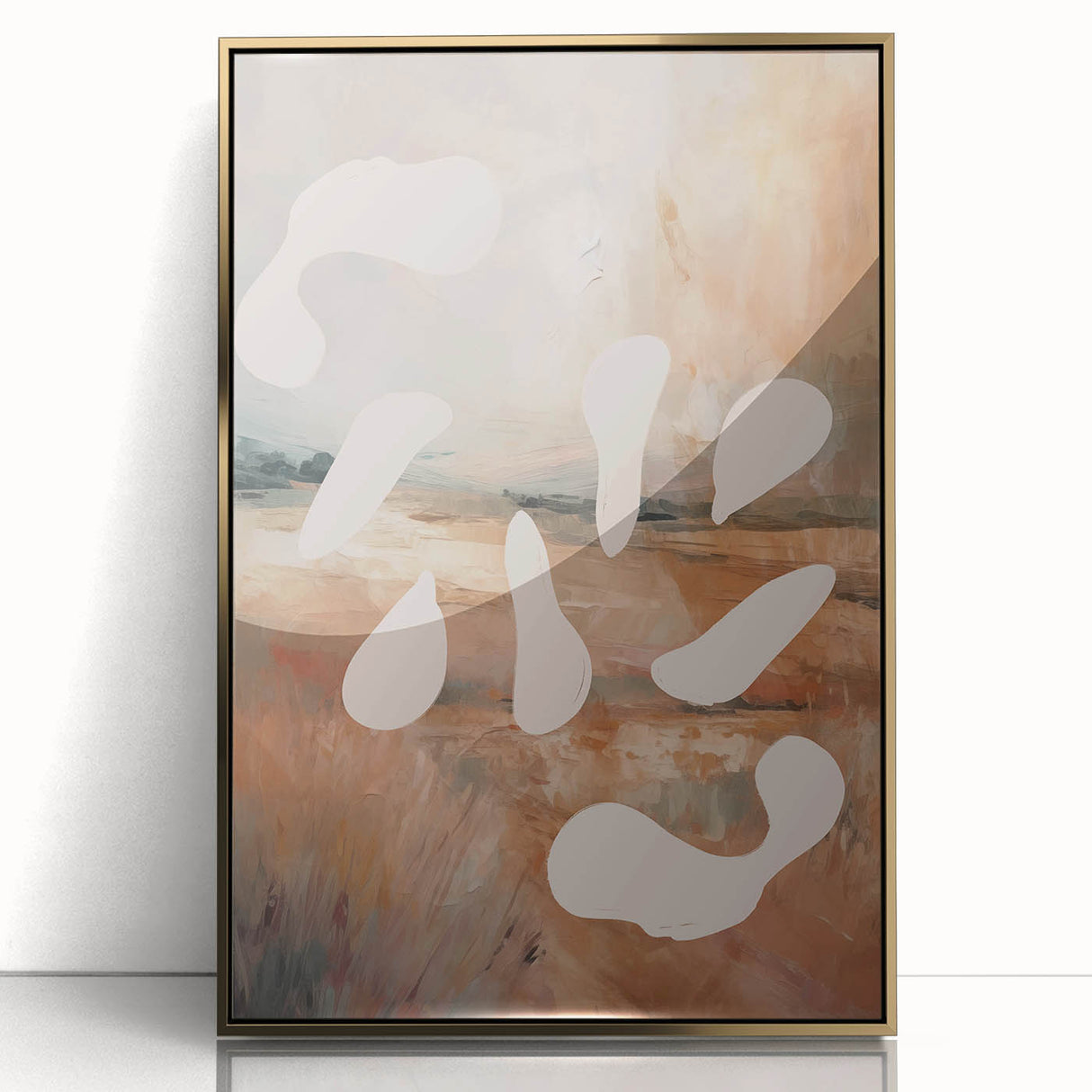 Framed abstract minimalist wall art in a gold-acrylic finish, showcasing fluid shapes and soft colors, perfect for modern decor.