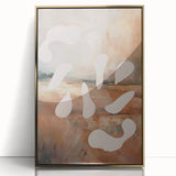 Framed abstract minimalist wall art in a gold-acrylic finish, showcasing fluid shapes and soft colors, perfect for modern decor.