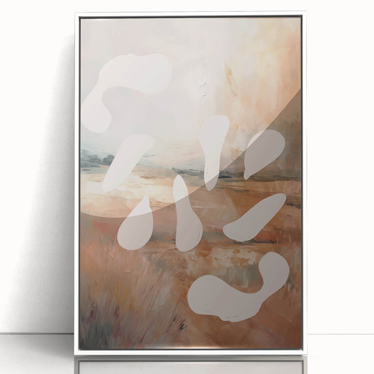 Framed abstract minimalist wall art design with vibrant colors and geometric patterns, showcasing a modern aesthetic in a white frame.