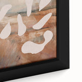 Close-up of a framed abstract minimalist wall art piece showcasing soft pastel colors and geometric shapes, perfect for modern decor.