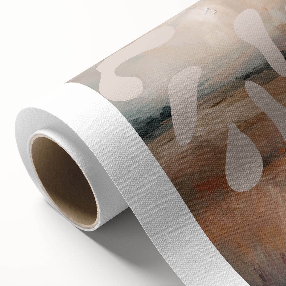 Abstract minimalist wall art print on rolled canvas, showcasing soft pastel colors and geometric shapes, perfect for modern home decor.