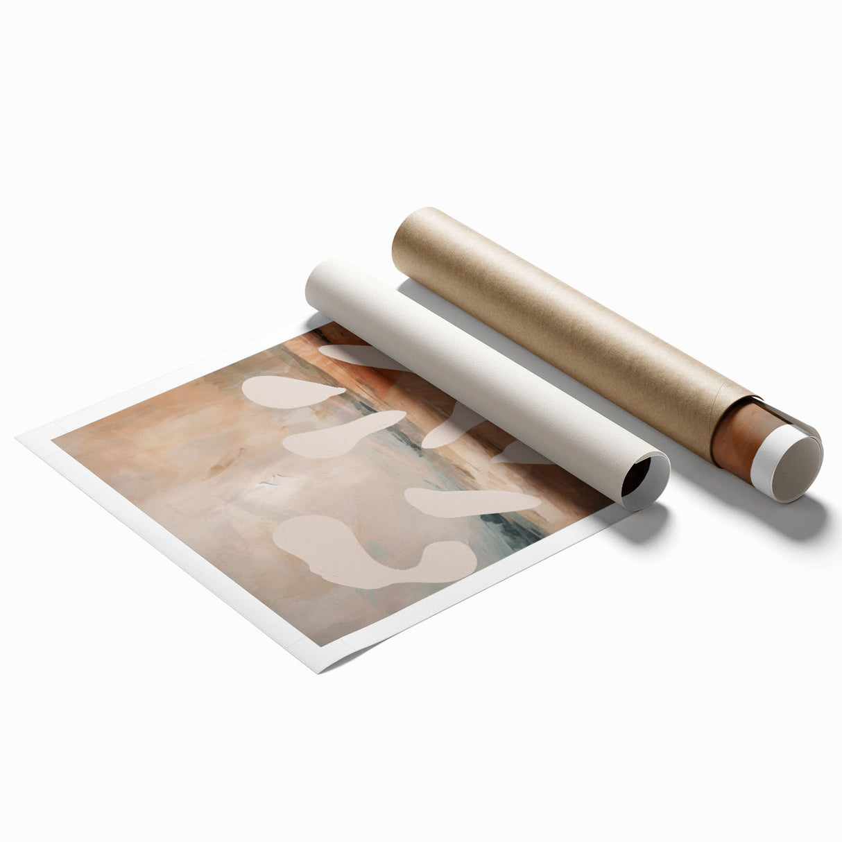 Abstract minimalist wall art print showcasing soft pastel colors and geometric shapes, rolled and ready for display in modern spaces.