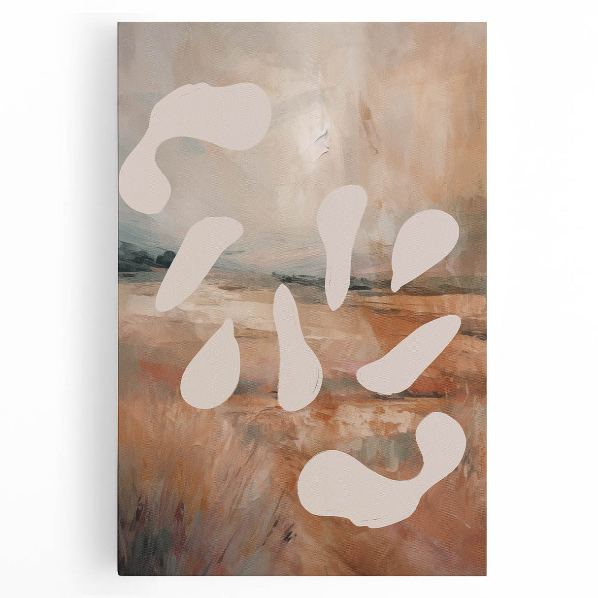 Abstract minimalist wall art collection on stretched canvas, showcasing soft pastel colors and geometric shapes, perfect for modern decor.