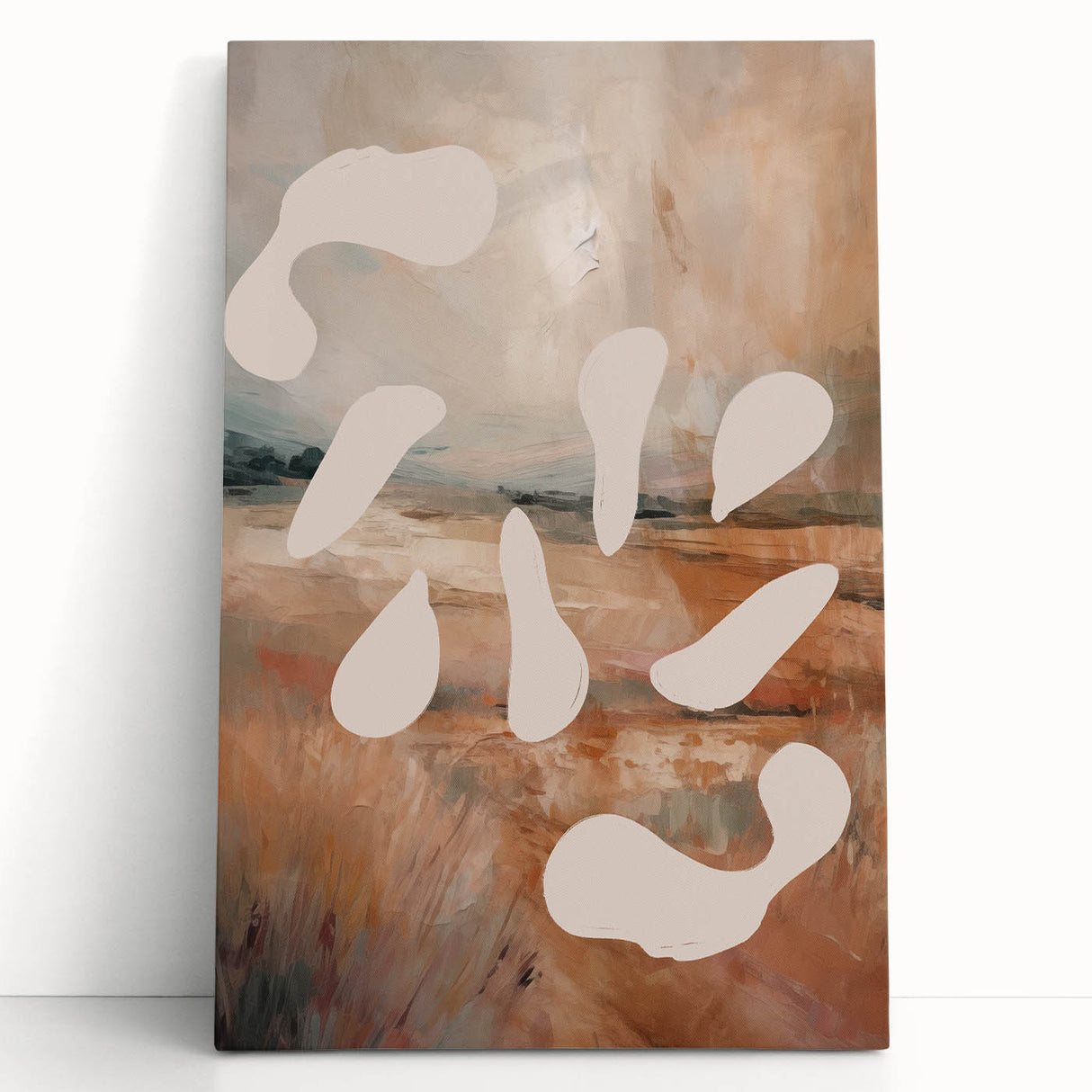 Abstract minimalist wall art design on stretched canvas, showcasing soft pastel colors and geometric shapes, leaning against a neutral wall for modern decor inspiration.