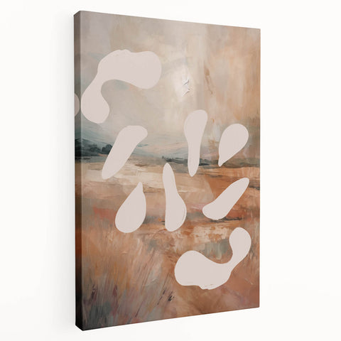 Abstract minimalist wall art design on stretched canvas, featuring soft neutral tones and fluid shapes, perfect for modern home decor.
