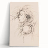 Abstract minimalist wall art design featuring soft pastel colors and geometric shapes, printed on stretched canvas, leaning against a wall.