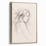 Framed abstract minimalist wall art showcasing a gold and white design, elegantly displayed in a modern living room setting.