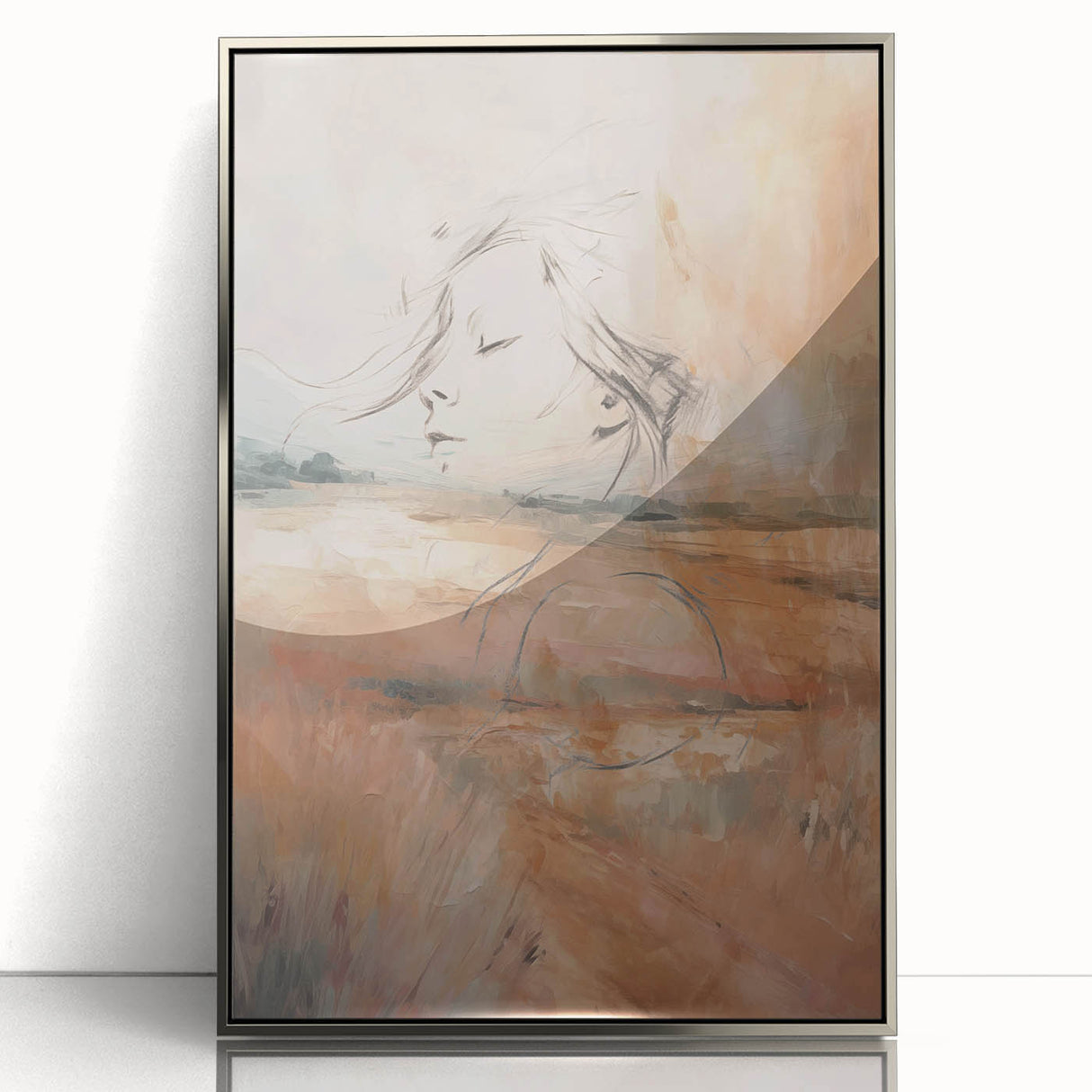 Framed abstract minimalist wall art design in silver acrylic, showcasing geometric shapes and soft hues, perfect for modern decor.