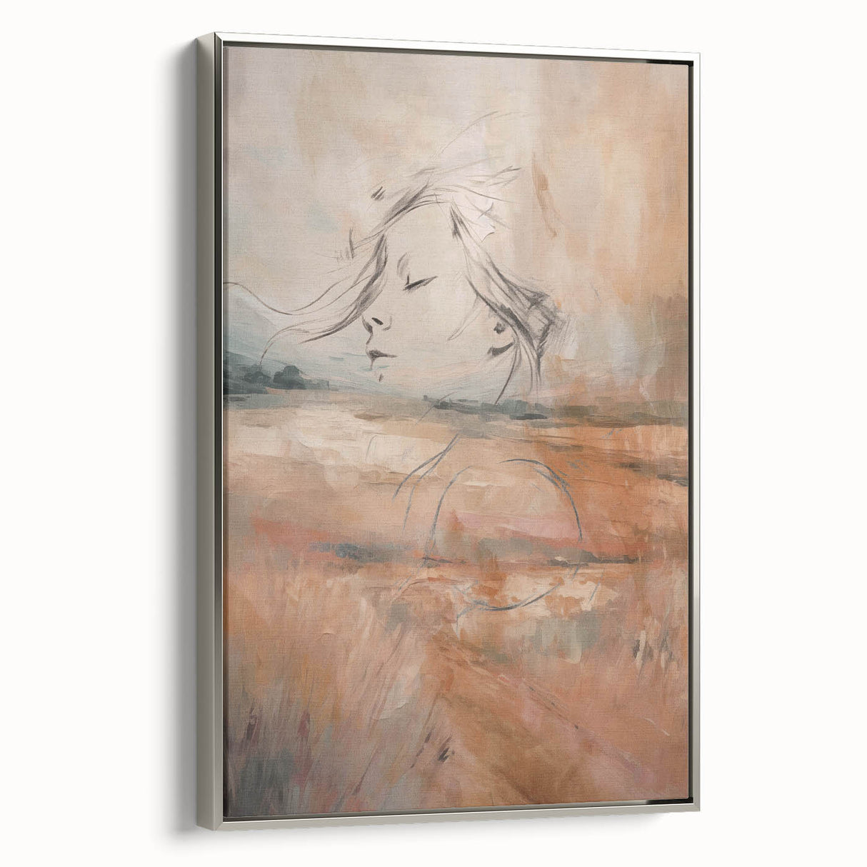 Framed abstract minimalist wall art in silver, showcasing fluid geometric shapes and soft colors, perfect for modern home decor.