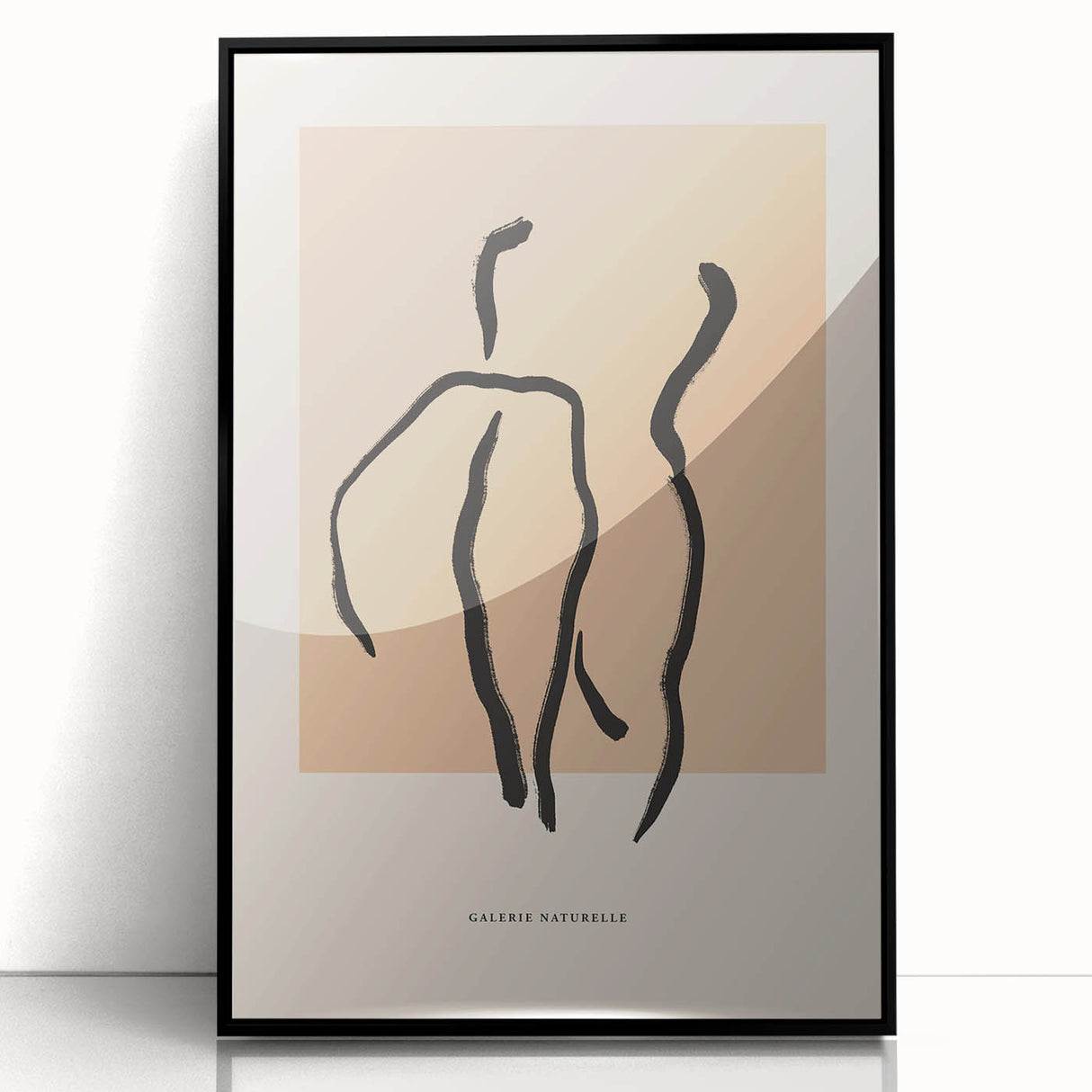 Framed abstract minimalist wall art showcasing a black design with geometric shapes, presented in a sleek acrylic frame, perfect for modern decor.