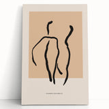 Abstract minimalist wall art design featuring soft neutral tones and geometric shapes, displayed on a stretched canvas leaning against a wall.