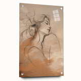 Acrylic glass wall art display featuring an abstract minimalist design with a sleek side view, showcasing vibrant colors and modern aesthetic, mounted with pins.