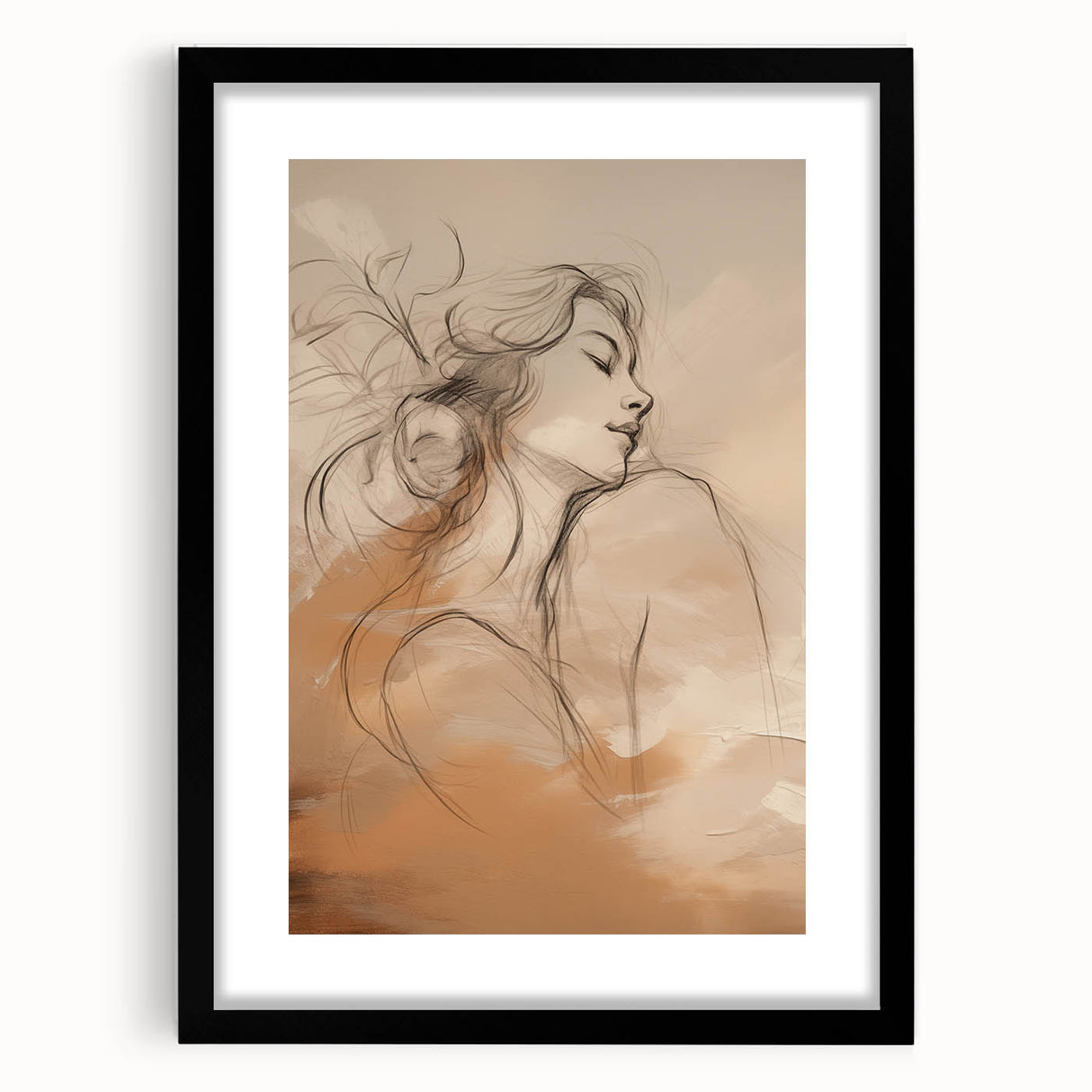 Minimalist abstract wall art framed with a black mat, showcasing a modern design in a sleek frame, perfect for contemporary home decor.