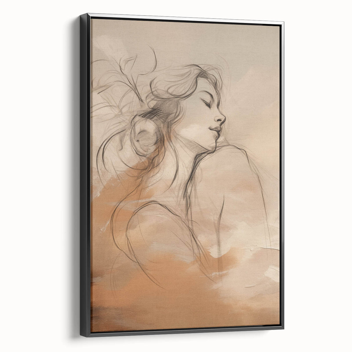 Framed abstract minimalist wall art featuring a black design, showcasing a sleek side view that highlights its modern aesthetic and clean lines, perfect for contemporary decor.