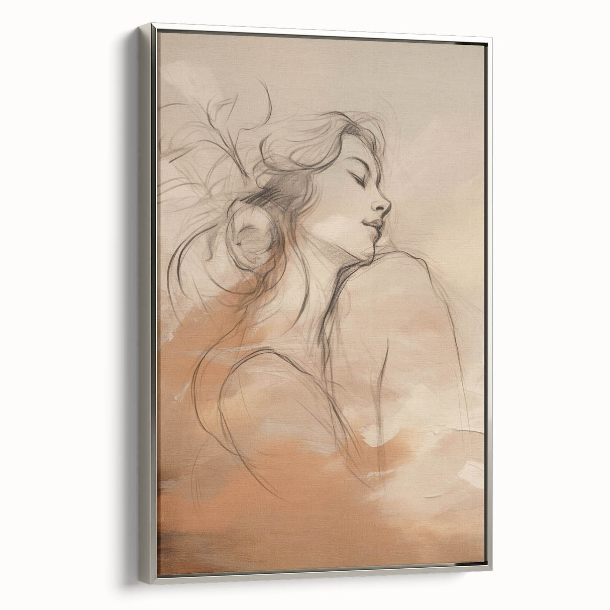 Framed canvas wall art showcasing an abstract minimalist design with silver accents. The piece features a sleek side view, perfect for modern decor.