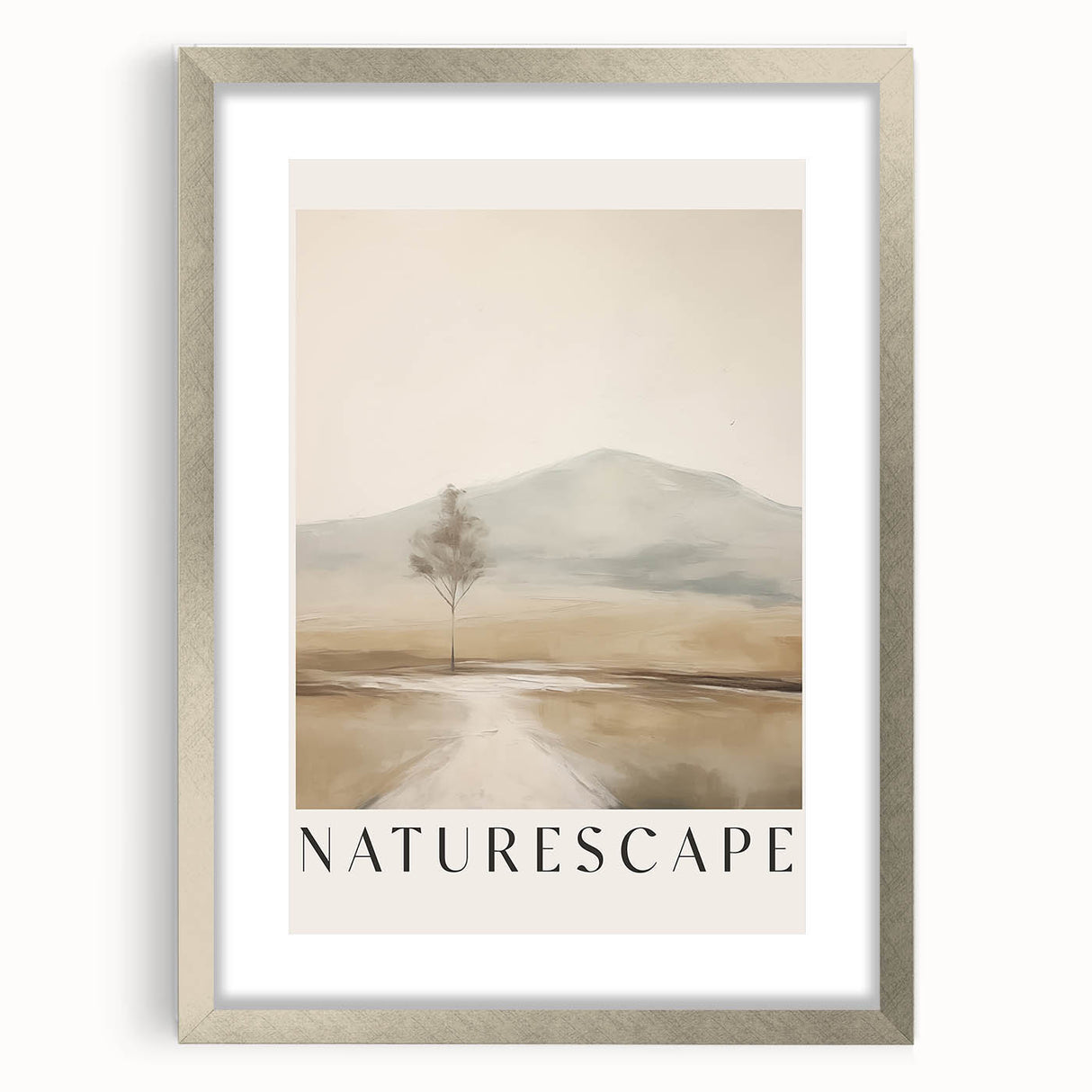 Abstract minimalist wall art design featuring a framed piece with a silver mat, showcasing soft colors and geometric shapes, perfect for modern home decor.