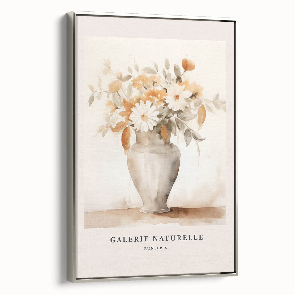 Framed abstract minimalist wall art design in silver, showcasing geometric shapes and soft color palette, displayed in stylish side view.