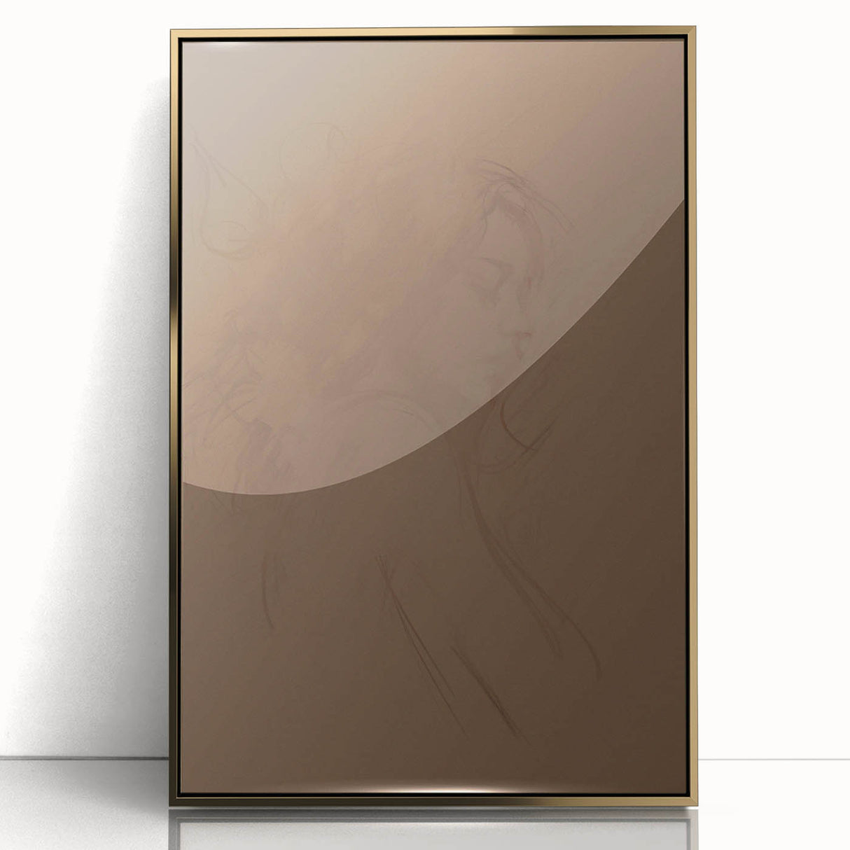 Framed abstract minimalist wall art design featuring a gold acrylic finish, showcasing elegant shapes and lines, perfect for modern home decor.