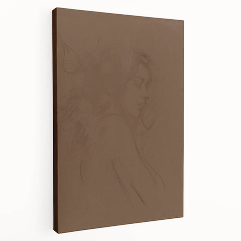 Stretched canvas artwork showcasing an abstract minimalist design in earthy tones, featuring smooth lines and geometric shapes, ideal for modern home decor.