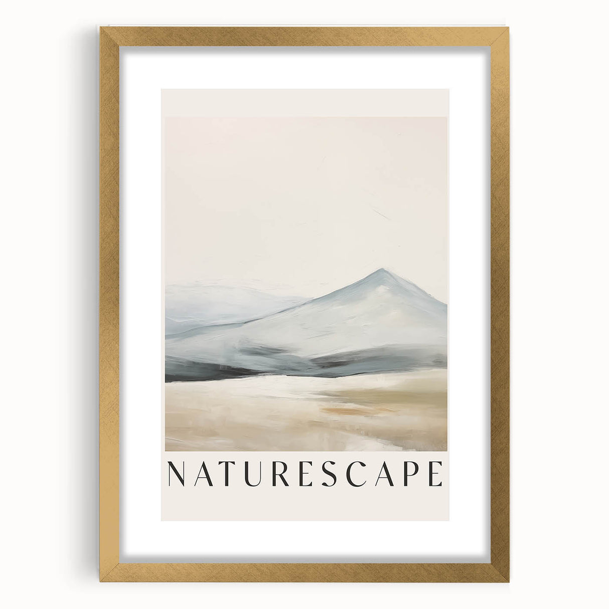 Abstract minimalist wall art design featuring a gold-framed piece with matting, showcasing geometric shapes and soft colors, ideal for modern home decor.