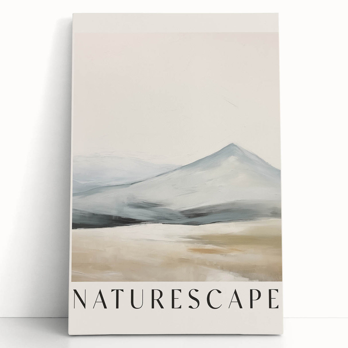Abstract minimalist design wall art collection featuring soft pastel colors and geometric shapes on stretched canvas, elegantly leaning against a neutral wall, ideal for modern home decor.