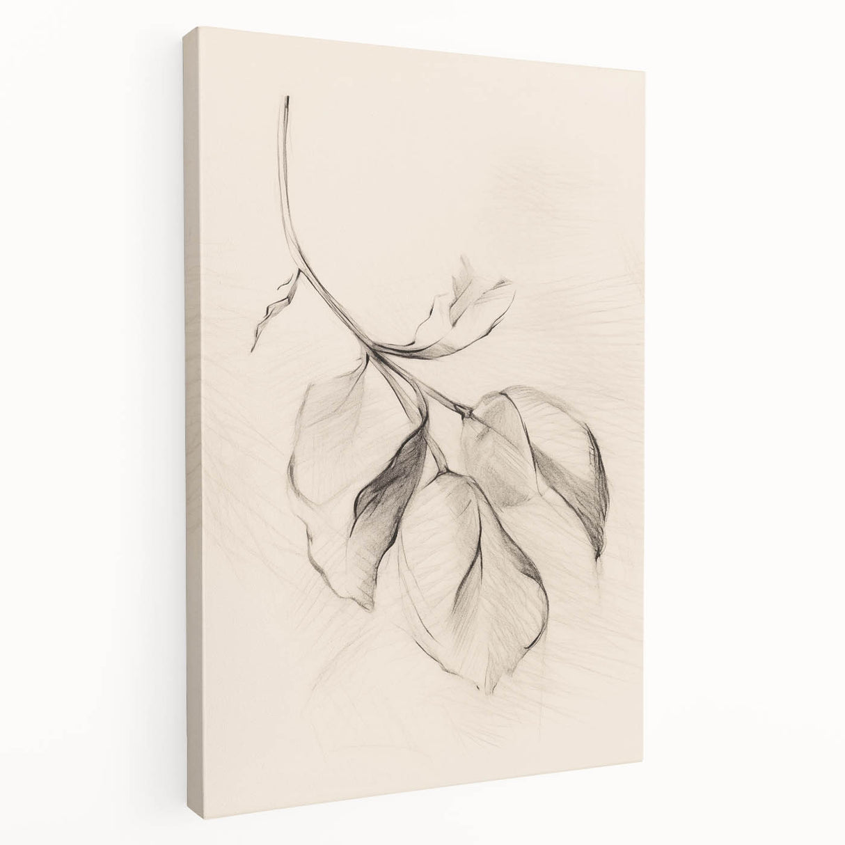Stretched canvas artwork showcasing an abstract minimalist design with soft tones of beige and gray, displayed from a side view to highlight its depth and texture.