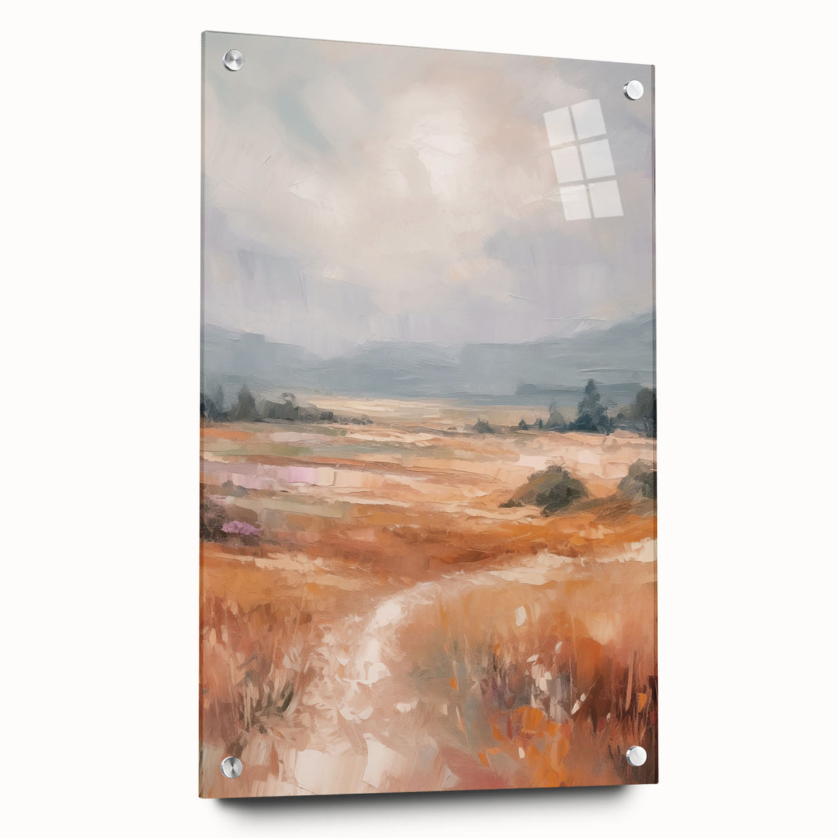Acrylic glass wall art piece showcasing an abstract minimalist design in soft pastel colors, elegantly displayed with decorative pins. Perfect for modern home decor.