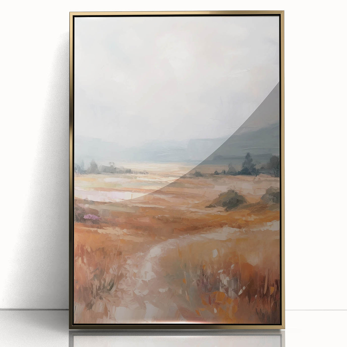 Framed acrylic wall art featuring an abstract minimalist design with gold accents, displayed in a sleek contemporary frame, perfect for modern home decor.