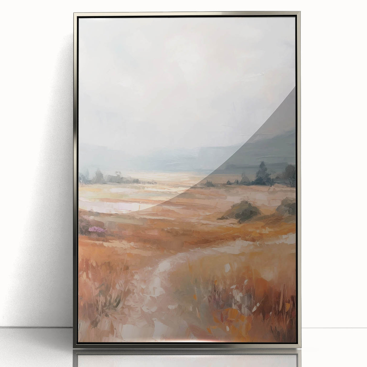 Framed abstract minimalist wall art design in silver, showcasing a sleek contemporary aesthetic with geometric patterns, perfect for modern home decor.