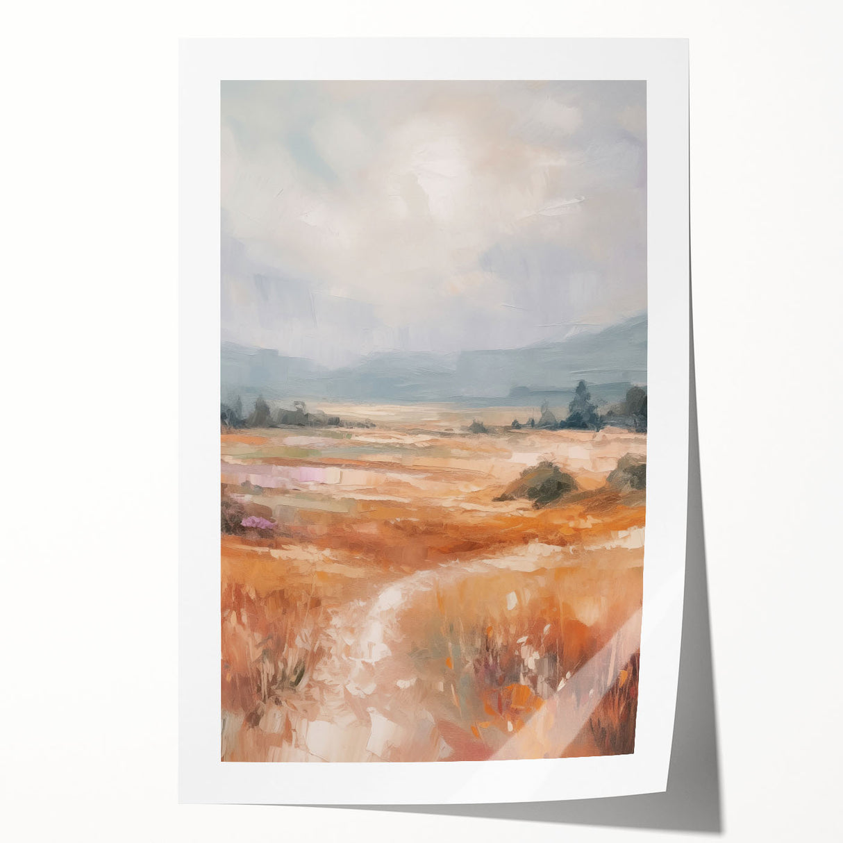 Abstract minimalist wall art design showcasing soft pastel colors and geometric shapes, rolled and packaged in a sturdy cardboard tube for easy display.