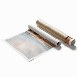 Abstract minimalist wall art print featuring vibrant hues of blue, yellow, and orange, showcasing geometric shapes and fluid lines, ideal for modern decor.