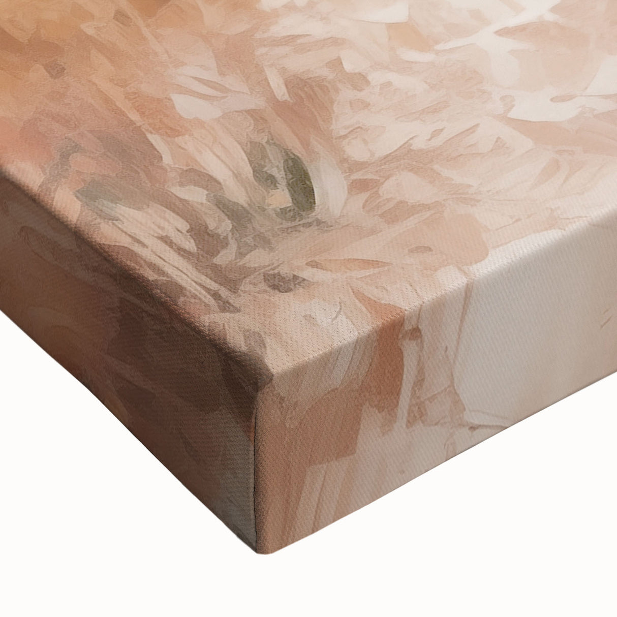 Close-up of a stretched canvas featuring an abstract minimalist design with soft earth tones and geometric shapes, ideal for modern home decor and art enthusiasts.
