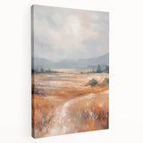 Stretched canvas artwork showcasing an abstract minimalist design with soft earthy tones, side view highlighting its depth and texture, perfect for modern decor.