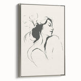 Framed canvas artwork showcasing an abstract minimalist design with silver accents, presented from a side view to highlight its sleek profile and modern aesthetic.