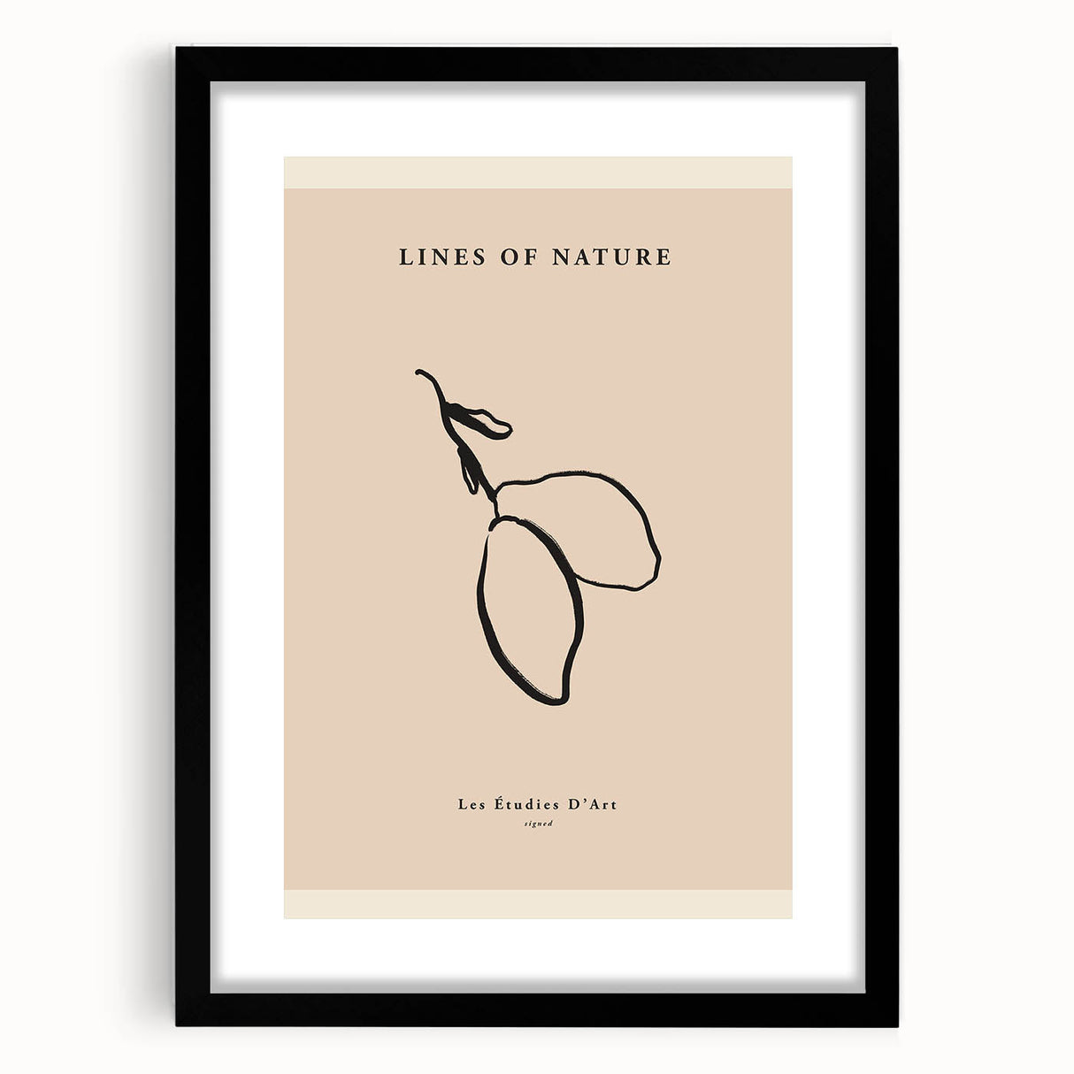 Abstract minimalist wall art framed with a black mat, showcasing geometric shapes in soft neutral tones, ideal for modern home decor and aesthetic enhancement.