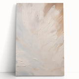Abstract minimalist wall art design featuring soft pastel colors and geometric shapes on a stretched canvas, leaning against a neutral wall, perfect for modern home decor.