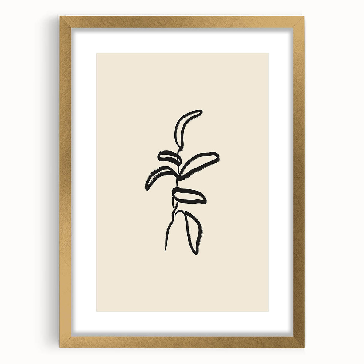 Abstract minimalist wall art design featuring a gold-framed artwork with a mat, showcasing elegant geometric shapes on a neutral background, ideal for modern decor.