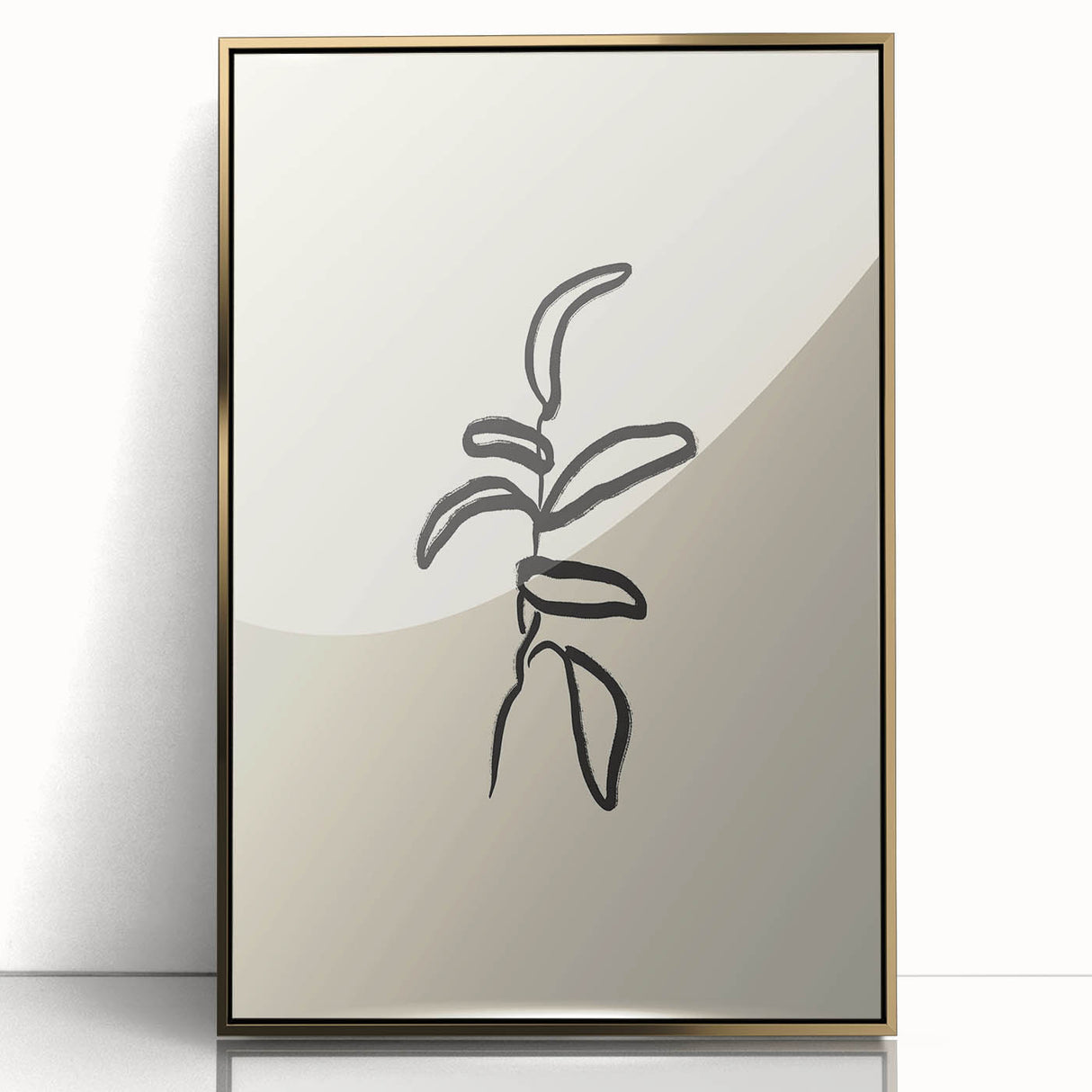 Framed abstract minimalist wall art featuring a gold-accented geometric design, perfect for modern home decor, displayed in a sleek acrylic frame.